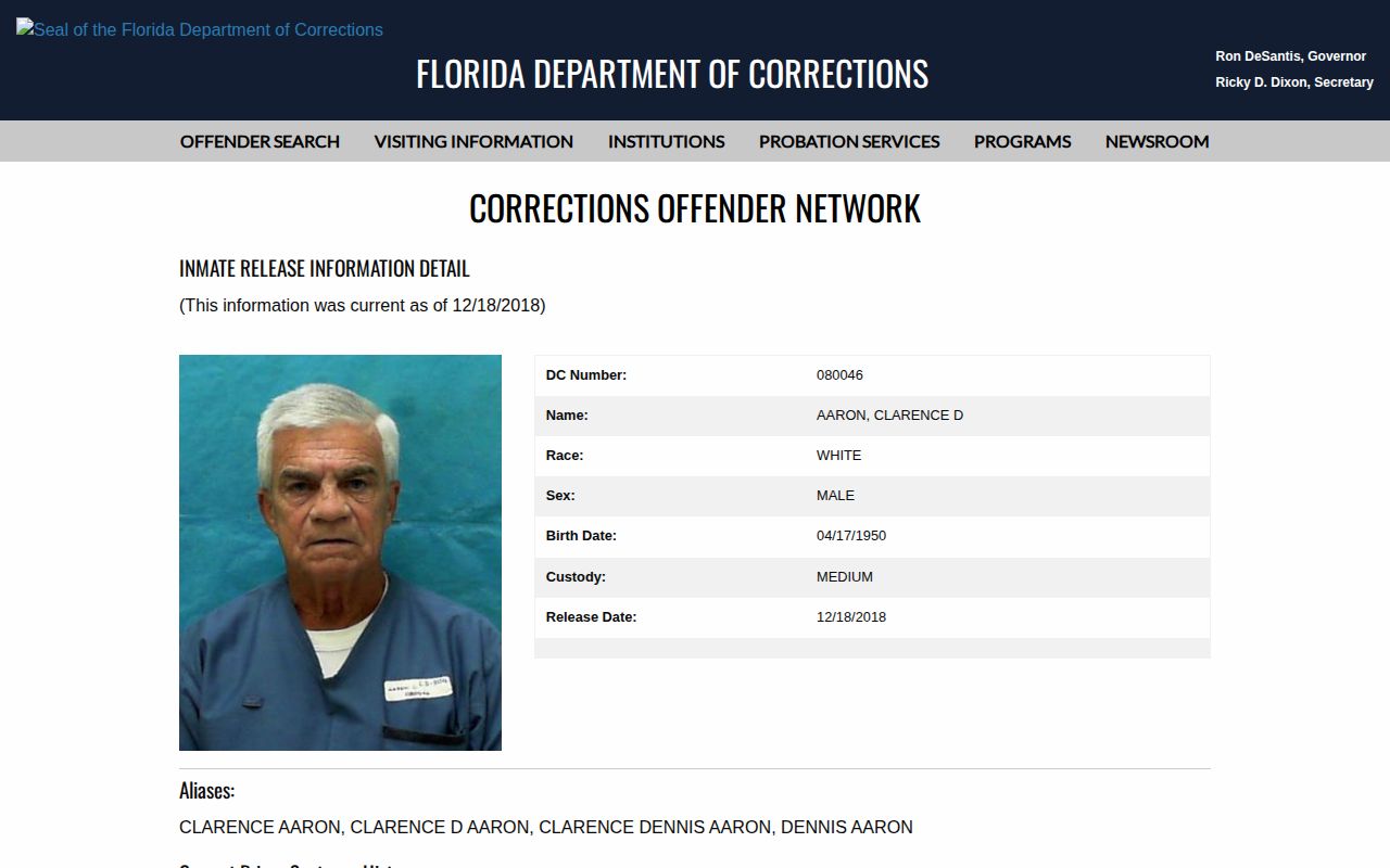 FDC release history for Martin Correctional Institution Work Camp verification