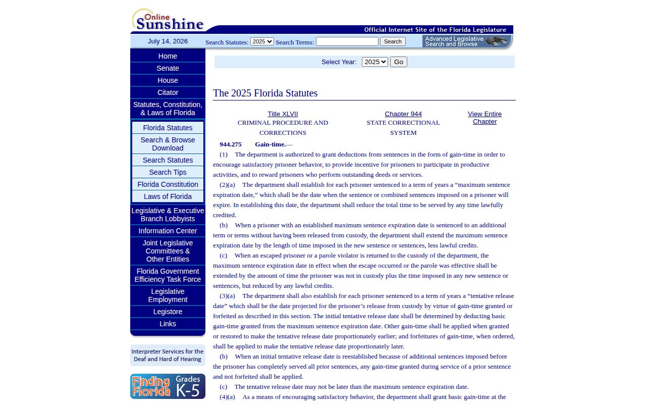 Florida gain-time law for Martin County state release dates