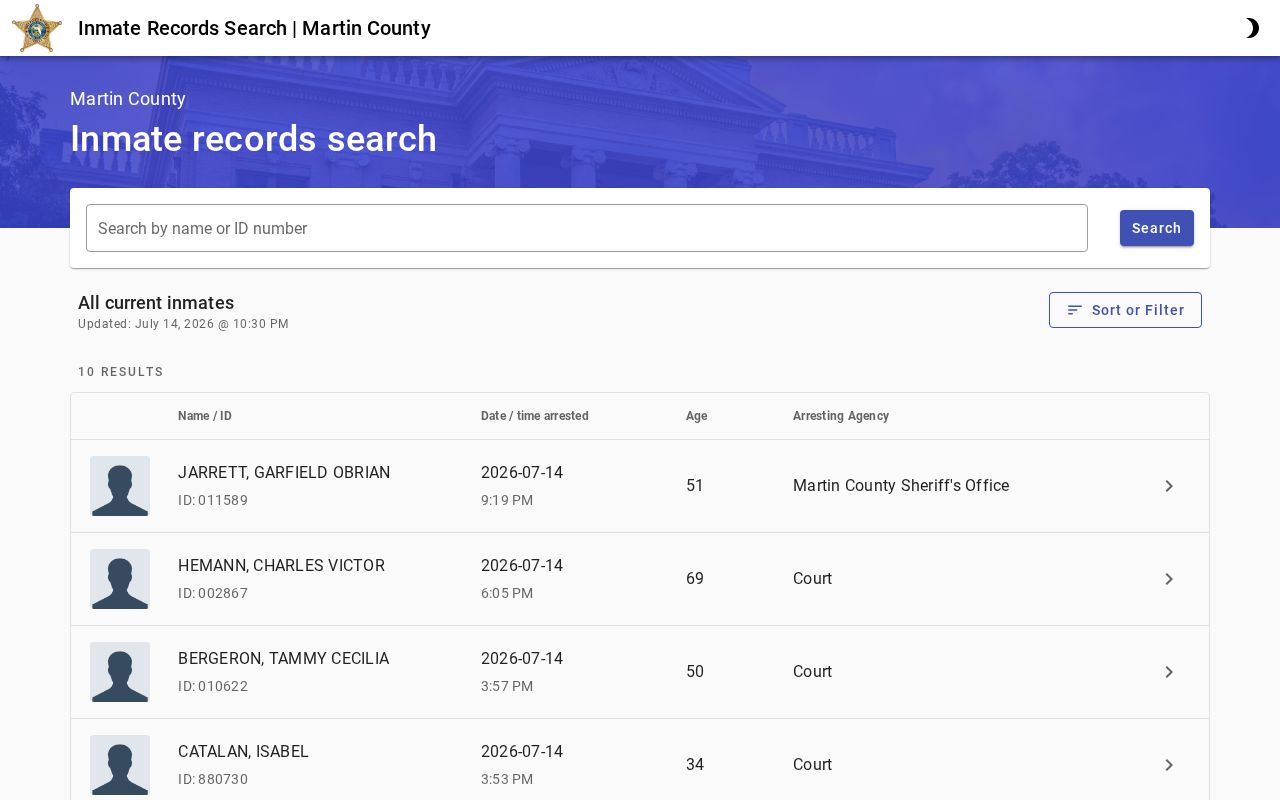 Martin County booking search for released inmate mugshots